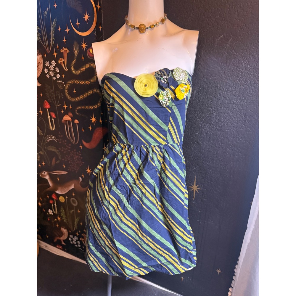 Judith March Strapless Floral Stripe Mini Dress Navy Lime Yellow Small
